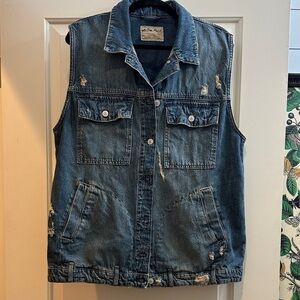 We The Free Blue Distressed  Denim Vest